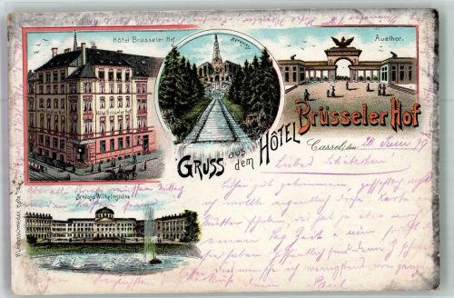 34117 W3500 Kassel , Hess 1899 Lithographie Hotel Brüsseler Hof Schloss Wilhelmshöhe Auetor Herkules