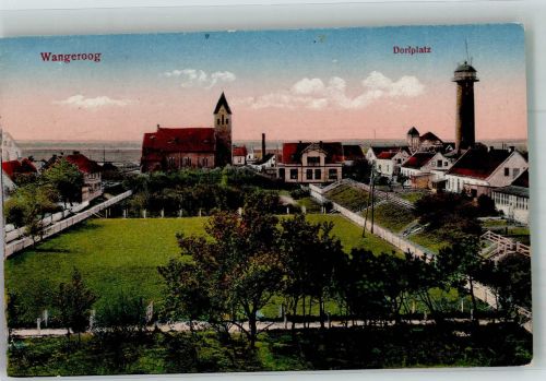 26486 W2946 Wangerooge , Nordseebad - Dorfplatz mit Leuchtturm und Ev. Kirche