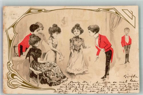 Jugendstil Tanzstunde 1902 Lithographie / Künstlerkarte