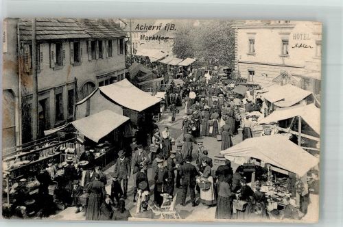 77855 W7590 Achern , Baden 1906 Foto AK Markttag Marktszene Marktstände Hotel Adler