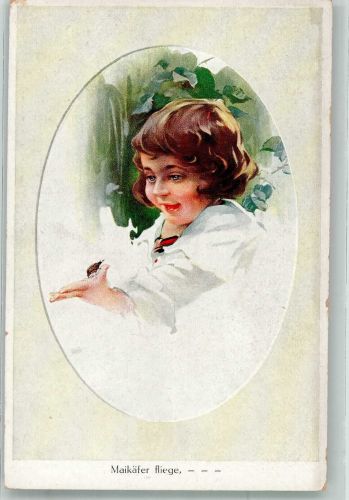 Kleines Mädchen mit Käfer auf der Hand Passepartout ASCO Nr. 1136 Maikäfer Künstlerkarte