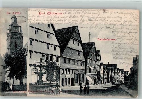 34537 W3590 Bad Wildungen 1905 - Ev. Kirche und Bahnhofstraße mit Loewen Apotheke