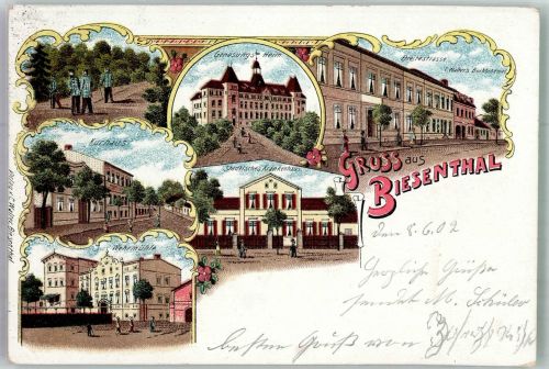 16359 O1296 Biesenthal b Bernau b Berlin 1902 Lithographie Kurhaus Wehrmühle Sanatorium Krankenhaus Breitestrasse Bahnpost Berlin- Zug 322 Stauchung