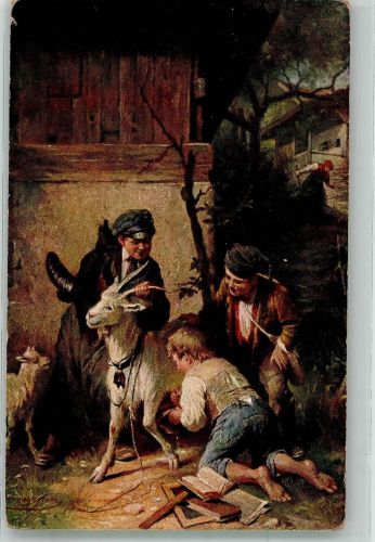 sign. Baumgartner Freche Jungs melken eine Ziege Galerie Münchner Meister Nr. 376 Ziege 1923 Künstlerkarte