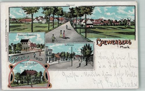 16775 O1431 Löwenberg b Gransee 1905 Lithographie Dorfstrasse Schloss derer von Bredow*s Kirche Kriegerdenkmal Bahnpost Löwenberg- Zug 5