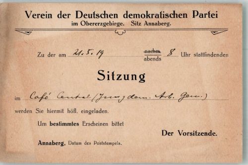 O5701 Annaberg b Mühlhausen, Thür Verein der Deutschen demokratischen Partei Einladung zur Sitzung Politik 1919