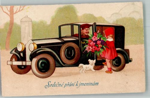 Verlag Amag 2638 Srdecne prani k jmeninam Kind mit Blumen für den Chauffeur Glückwunsch Auto