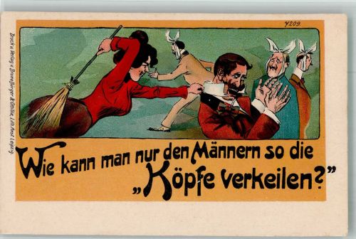 Nr. 7209 Humor Frau mit Besen schlägt einen Mann Bürger Bruno 1899 Lithographie / Künstlerkarte