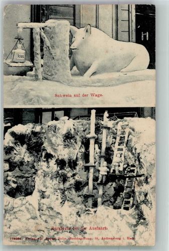 37444 W3424 St. Andreasberg 1944 Winter Eisskulptur eines Schweines und Bergleute bei der Ausfahrt