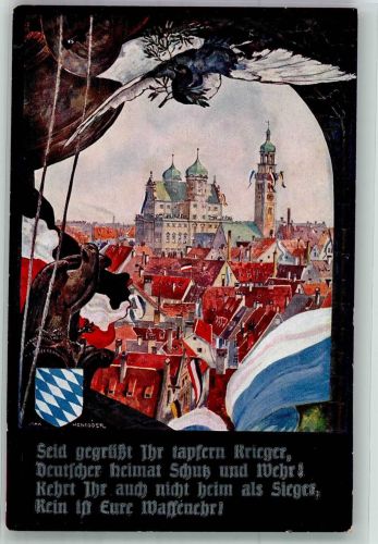 86150 W8900 Augsburg , Bay Künstlerkarte sign. Honegger Rathaus mit Perlachturm Patriotik WK I