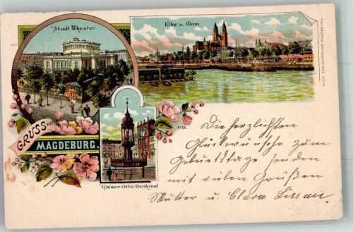 39104 O3000 Magdeburg 1904 Lithographie Stadttheater Elbe u. Dom Kaiser Otto Denkmal