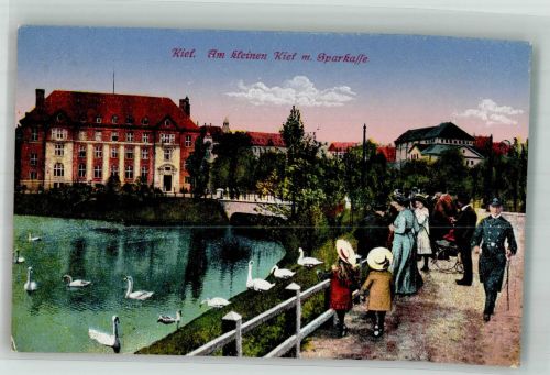 24103 W2300 Kiel , Ostsee 1924 Lithographie Am kleinen Kiel Sparkasse Schwan Man Uniform Frau Kind Hut Rollstuhl Bahnpost Kiel Zug Nr. 63