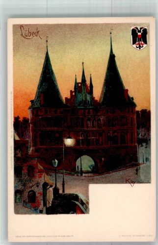 23552 W2400 Lübeck Lithographie sign. Kley Holstentor