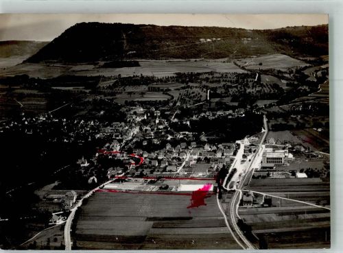 73072 W7322 Donzdorf FOTO KEINE AK Fliegeraufnahme des Ortes mit Kirche St. Martinus und Gärtnerei Schmid Doppelseitig Farbstriche im Bild Original aufmontierte Verlagsmusterkarte