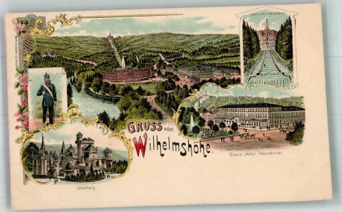 34117 W3500 Wilhelmshöhe 1898 Lithographie Hercules Caskaden Grand Hotel Schombardt Löwenburg