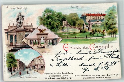 34117 W3500 Kassel , Hess 1898 Lithographie Denkmal Friedrich II Drahtbrücke Obere Königstaße