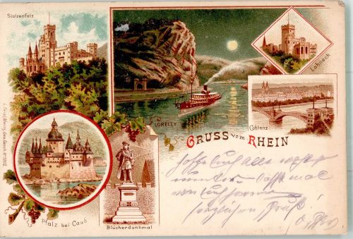 56068 W5400 Koblenz am Rhein 1899 Lithographie Stolzenfels Lahneck Blücherdenkmal Pfalz bei Caub