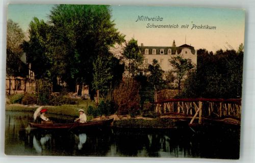09648 O9250 Mittweida 1908 - Schwanenteich Praktikum Ruderboot Frauen Schirm Hut