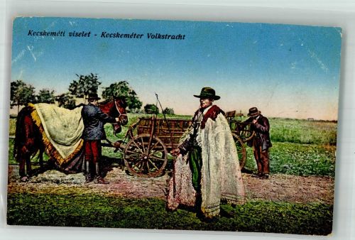Kecskemet Foto AK Tracht Männer Pferdewagen
