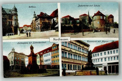 99734 O5500 Nordhausen , Thür Lithographie Rathaus Judentürme Schule Lutherplatz Lutherdenkmal Kornmarkt Neptun Litfaßsäule
