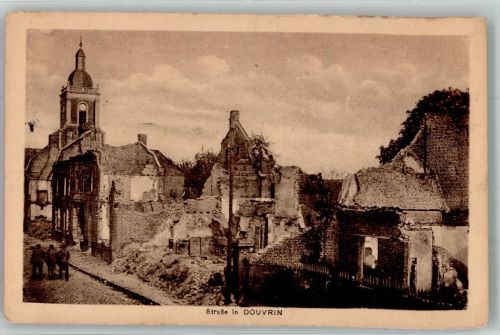 62138 Douvrin 1917 Foto AK Feldpost WK I Divisions.Pionier-Park Nr. 854 Kirche Trümmer