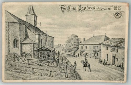 54970 Landres 1916 Gebrauchsspuren Feldpost WK I Stark-Strom-Abteilung des XVI.A-K. Kirche Radierung