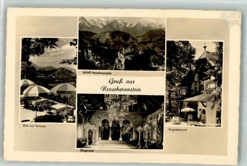 87645 W8959 Neuschwanstein Foto AK Schloss Burgrestaurant Gasthaus Terrasse Sängersaal Kronleuchter