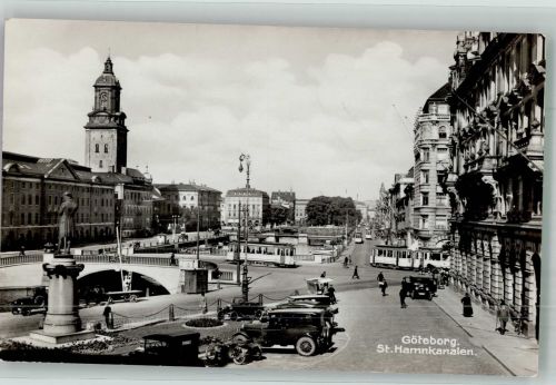 Göteborg Foto AK Auto Straßenbahn Denkmal St. Hamnkanalen