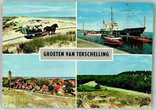 8881 West-Terschelling Foto AK Hafen Pferdewagen Dünen Badweg