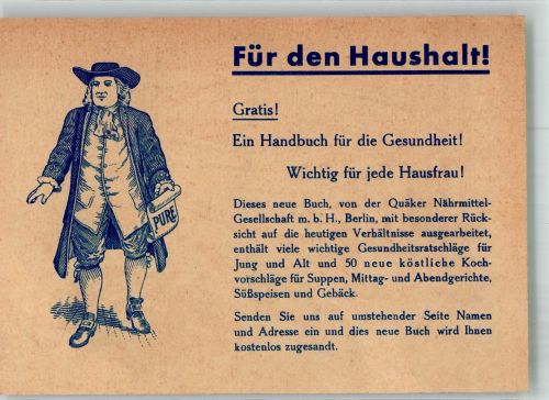 W1000 Berlin Mitte Für den Haushalt Gratis Handbuch für die Gesundheit v.d. Quäker Nährmittel Gesellschaft Werbung Druckerzeugnis 1931