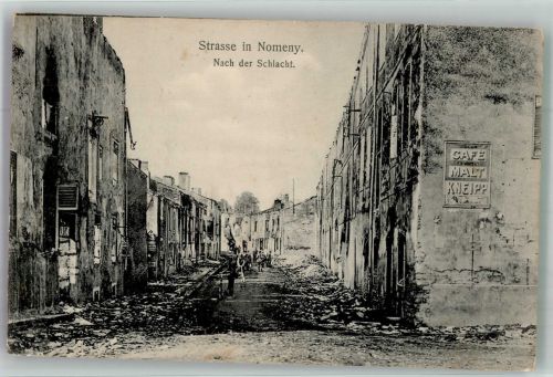 54610 Nomeny 1915 Foto AK Cafe Werbung Malt Kneipp Trümmer Feldpost WK I