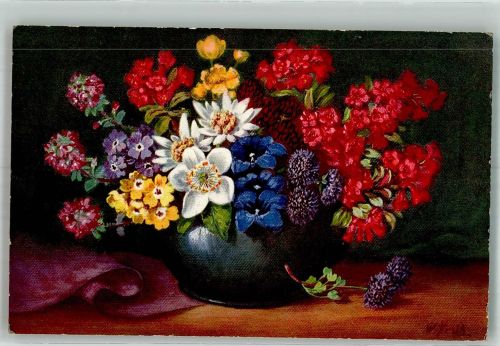 sign. Früh W. Alpenflora in Vase Stillleben 1926 Künstlerkarte