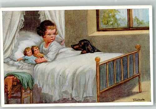 Dackel Kind Puppen M. M. Nr. 1342 Fialkowska, W. Künstlerkarte