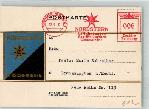 Nordstern + Maschinen-Werbe Stempel Umzugsbestätigung Versicherung 1937 Gebrauchsspuren