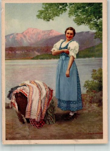 Mit Lust und Freude an die Wäsche gehen, Dirndl sign. Karl Maria Schuster Indanthren Künstlerkarte