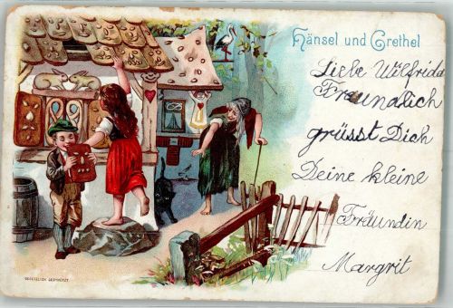 Lebkuchenhaus Katze Hexe Hänsel und Gretel 1900 Lithographie