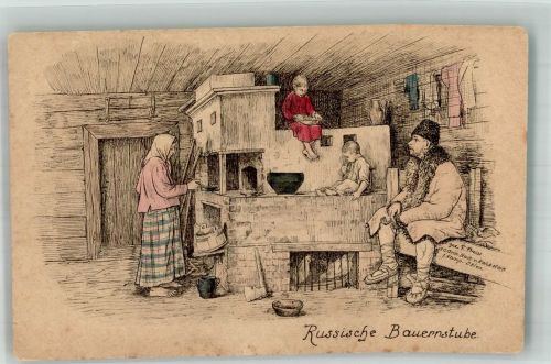 Brest Brest-Litowsk Gebrauchsspuren Russische Bauernstube Radierung sign. Preiss
