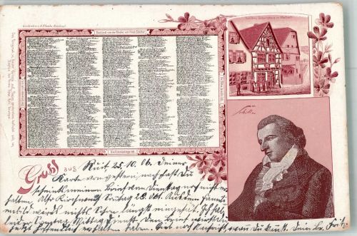 W7142 Marbach am Neckar Geburtshaus + Das Lied von der Glocke Lithographie Schiller 1906 Gebrauchsspuren