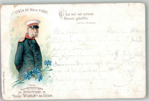 100. Geburtstag 1897 Lithographie Kornblumen Adel Kaiser Wilhelm I Gebrauchsspuren