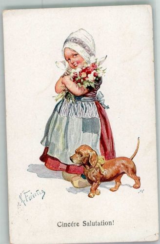 Mädchen in Tracht mit einem Dackel B.K.W.I. 799-2 Feiertag, K. 1927 Künstlerkarte