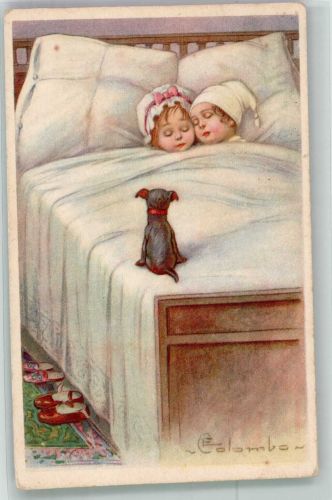 Geschwister + Hund im Bett Serie 618-2 Colombo 1922 Künstlerkarte