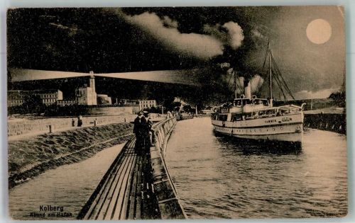 Kolberg Kolobrzeg Mondschein Leuchtturm Hafen Dampfschiff Cammin