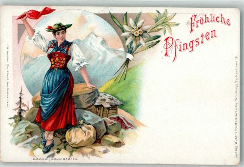 Frau Tracht Pfingsten Lithographie