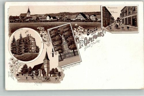 32361 W4994 Preußisch Oldendorf Lithographie Hotel-Gasthaus Hunke Kriegerdenkmal Poststrasse Kirche Limberg