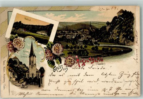 07927 O6553 Hirschberg , Saale 1905 Lithographie Die Saale Gasthaus Waldlust Kirche Schloss Verlag Ottmar Zieher-München Bahnpost Schöneberg Zug319