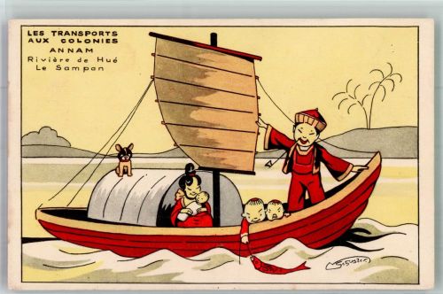Hue Künstlerkarte Tracht Segelboot Les Transports aux Colonies Annam sign. Schuster