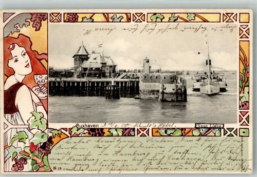 27472 W2190 Cuxhaven 1900 Lithographie Jugendstil Hafen Neue Liebe