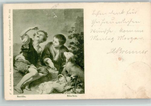 W8000 München sign. Murillo Bartolome Hund F.A. Ackermann Nr. 112 Kind 1898 Künstlerkarte