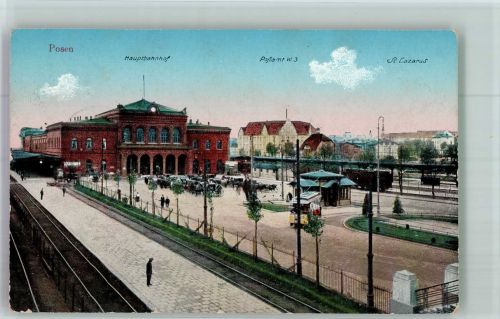 Posen Poznan 1916 Foto AK Hauptbahnhof Straßenbahn Feldpost WK I