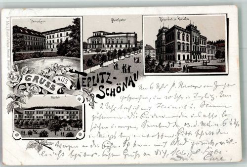 Teplice Teplitz-Schönau 1896 Gebrauchsspuren Herrenhaus Stadttheater Kaiserbad Lithographie